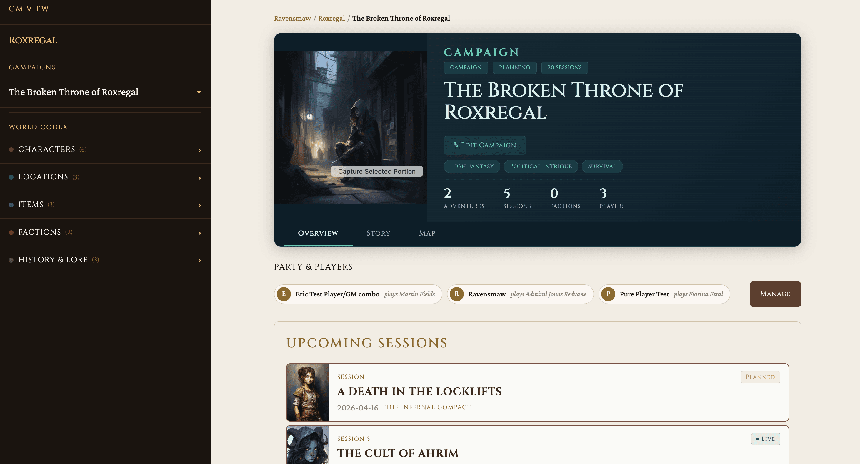 Campaign overview showing adventures and arcs