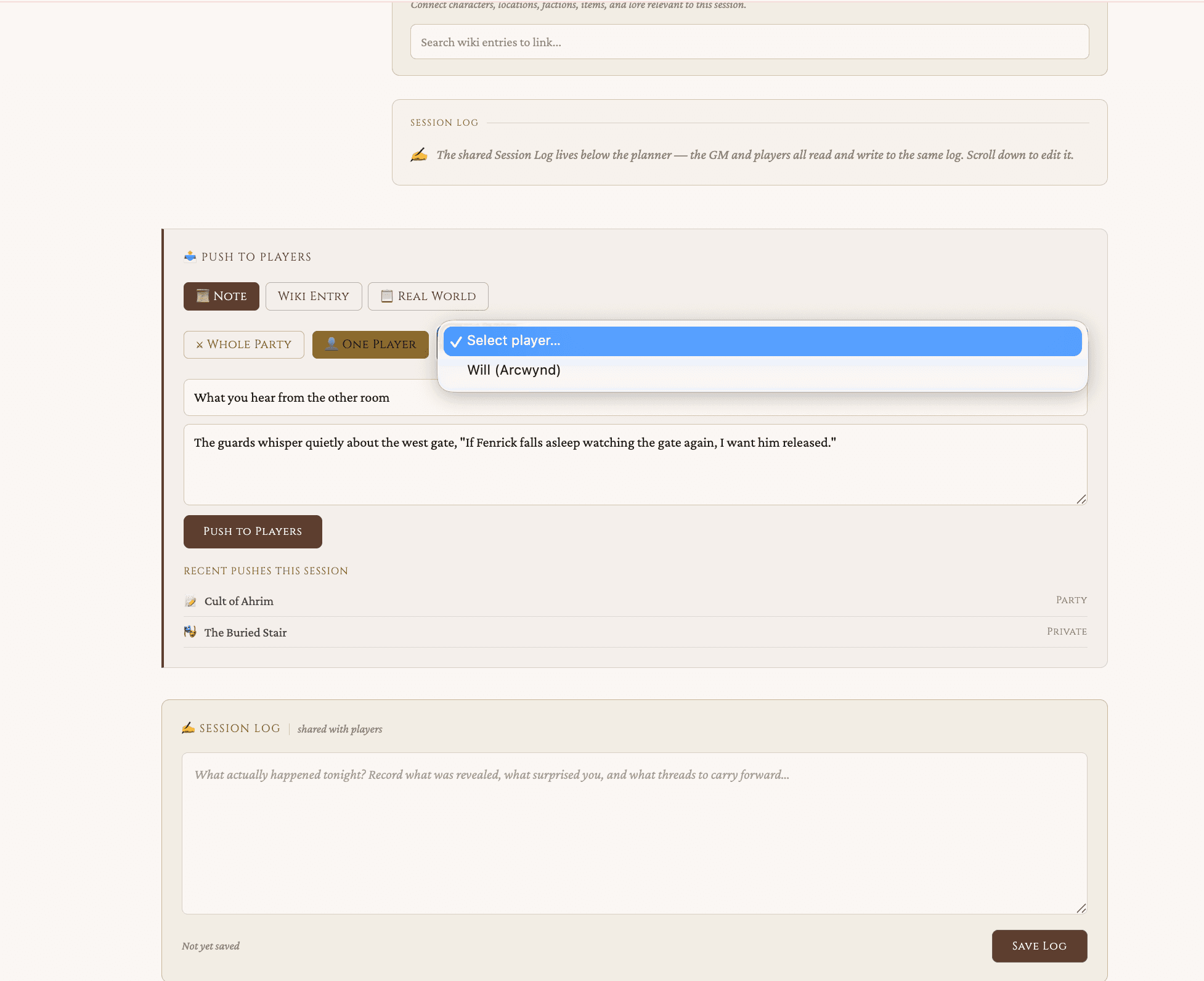 Push to Players — send clues and notes instantly