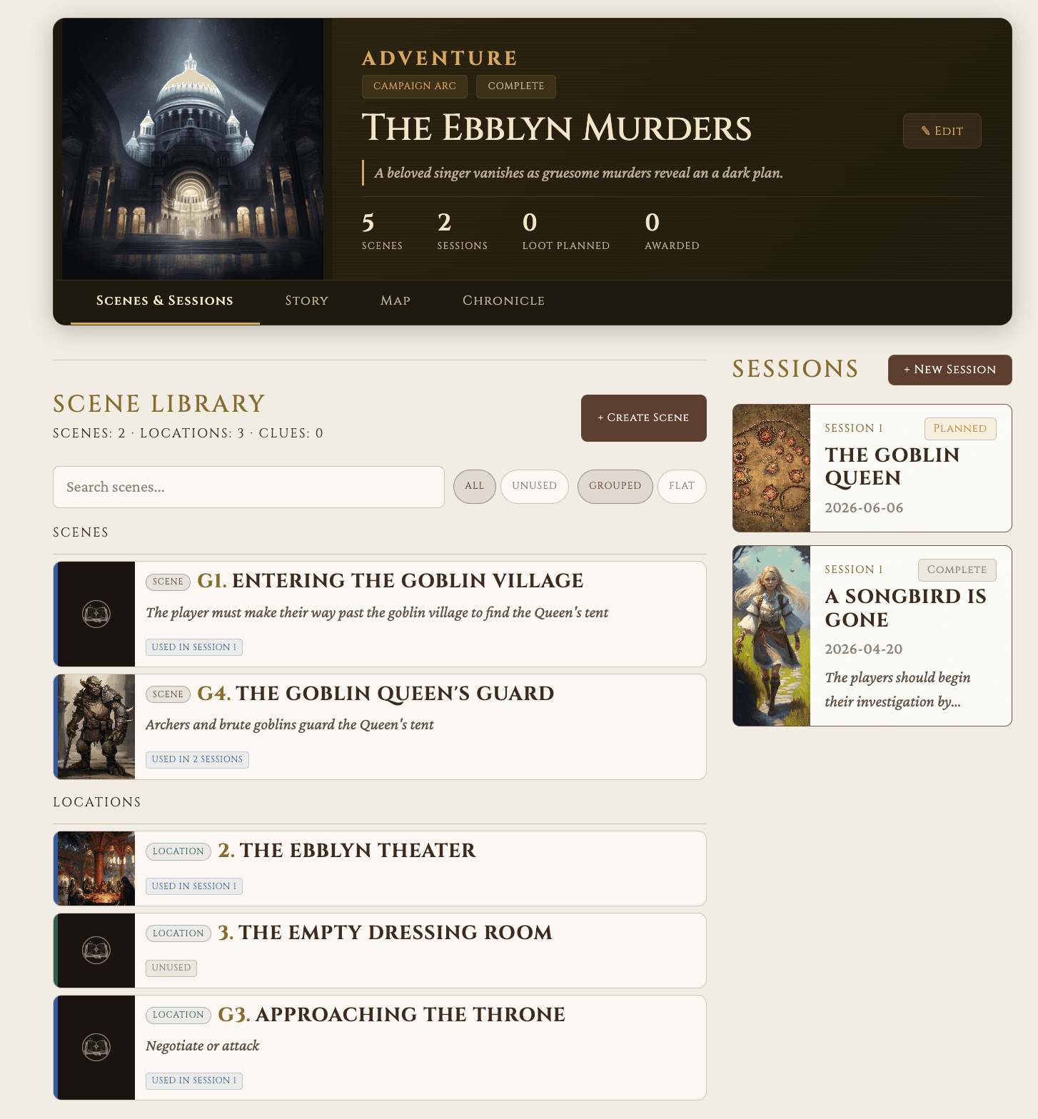 Scene editor — build scenes with notes and clues