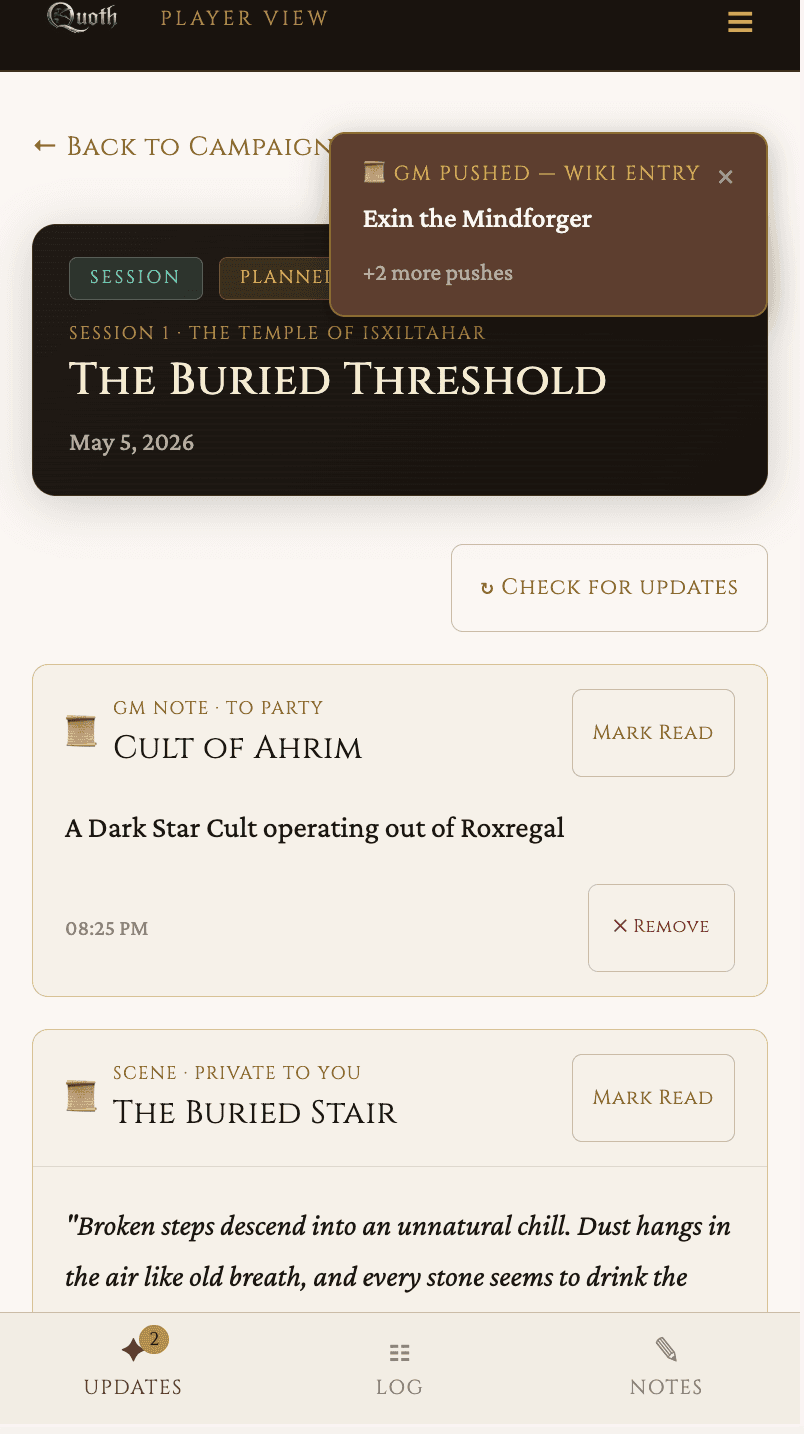 Player view: receiving a live push notification
