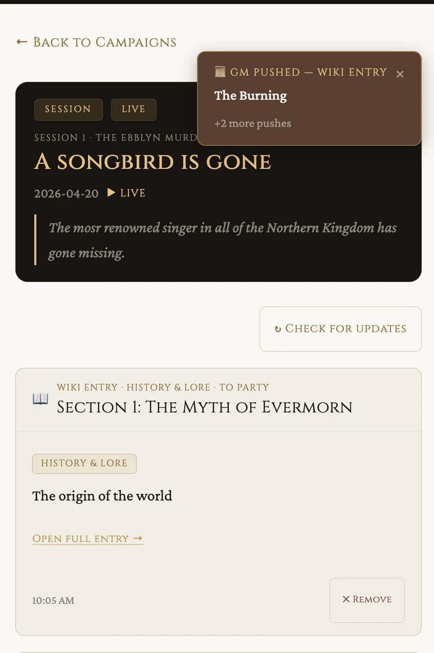 Player session view with a GM-pushed codex entry toast and the durable codex entry card below it.