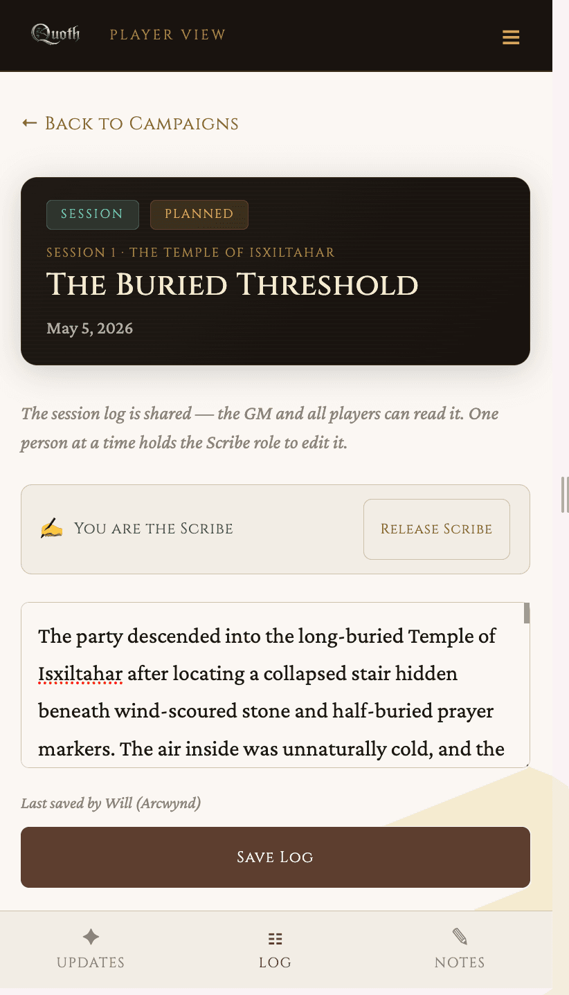 Player session log — the shared campaign chronicle
