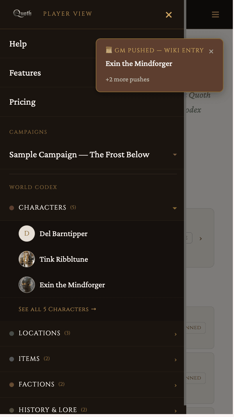 Player world codex sidebar — revealed entries