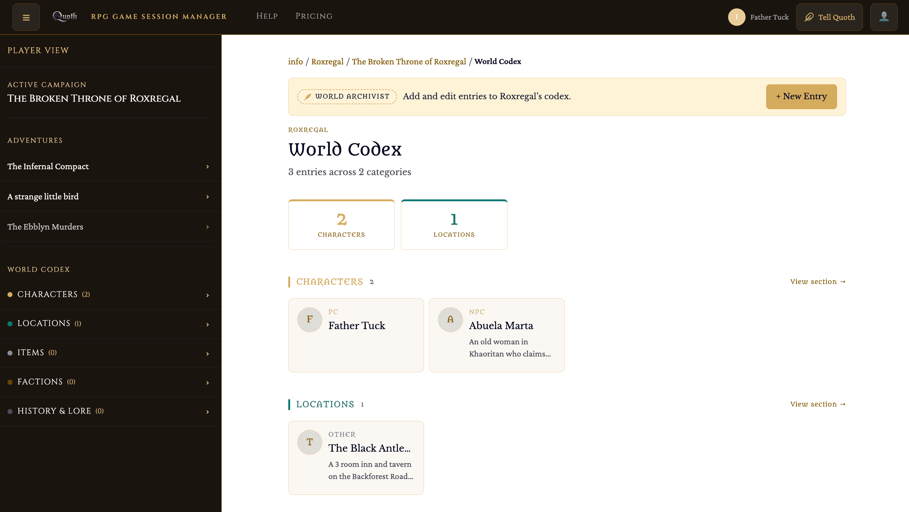World Codex in player view with the World Archivist bar and a New Entry button.