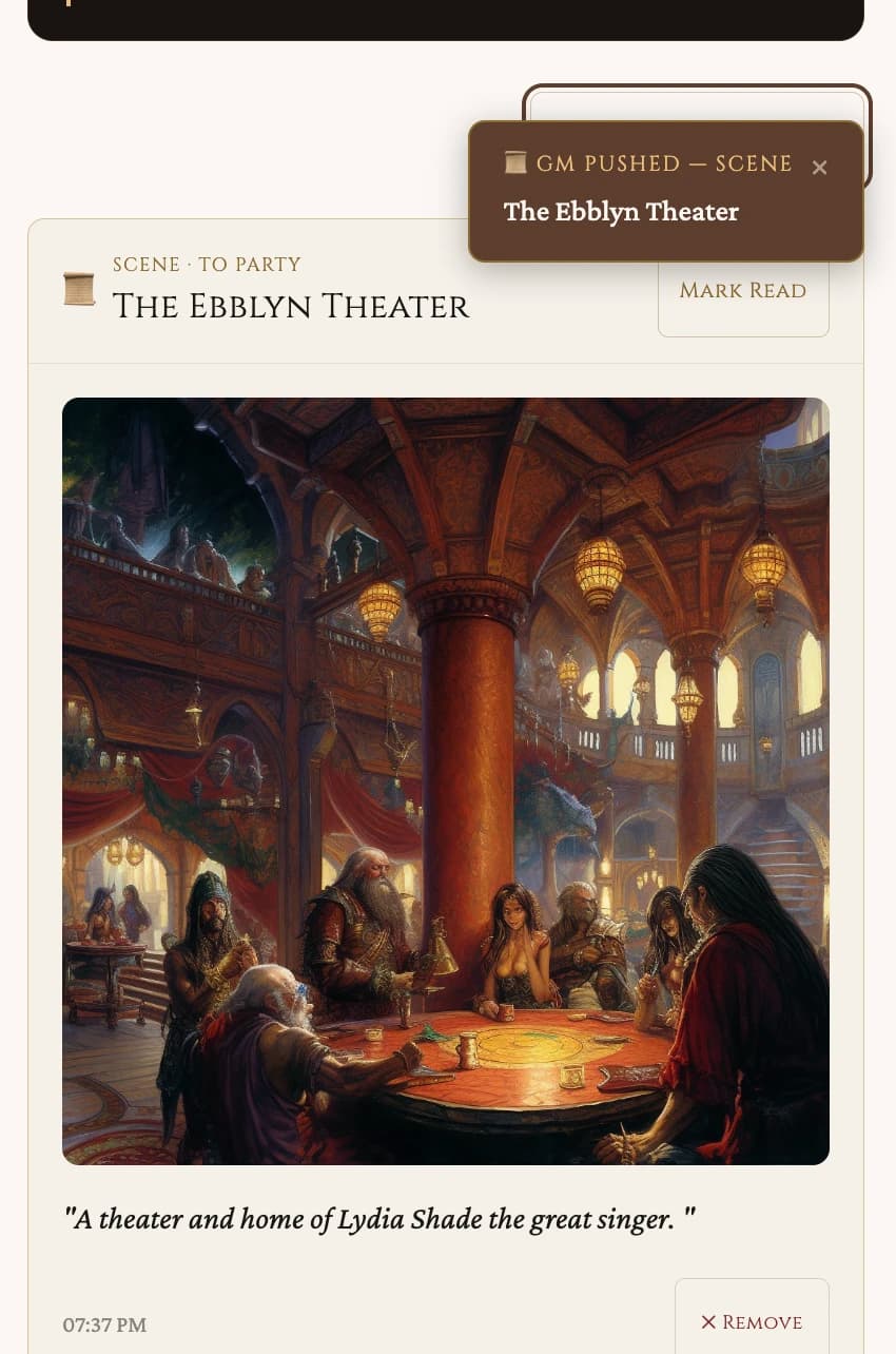 Player view: a scene push received in the session view, with the scene image and read-aloud caption.
