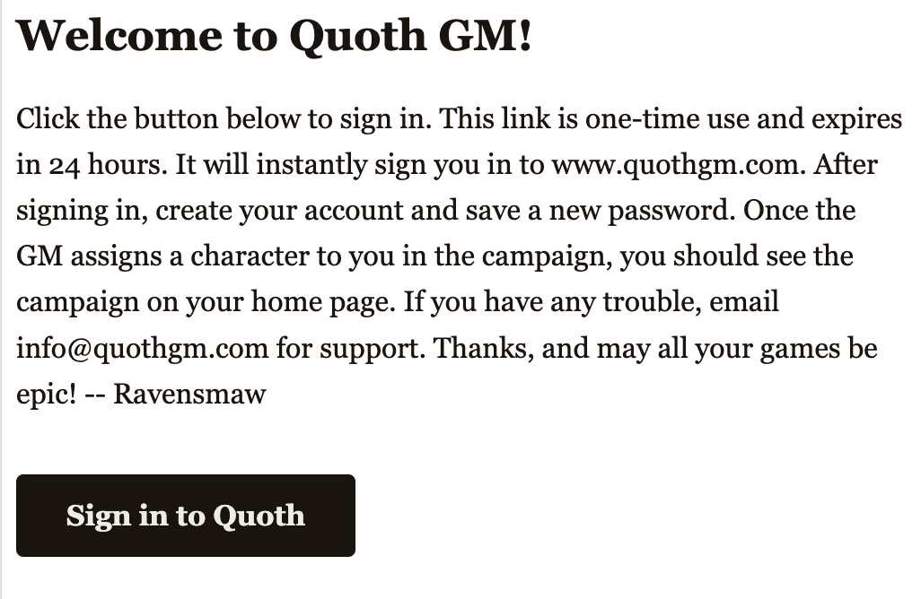 The Welcome to Quoth GM email — a single Sign in to Quoth button on a parchment-colored card.