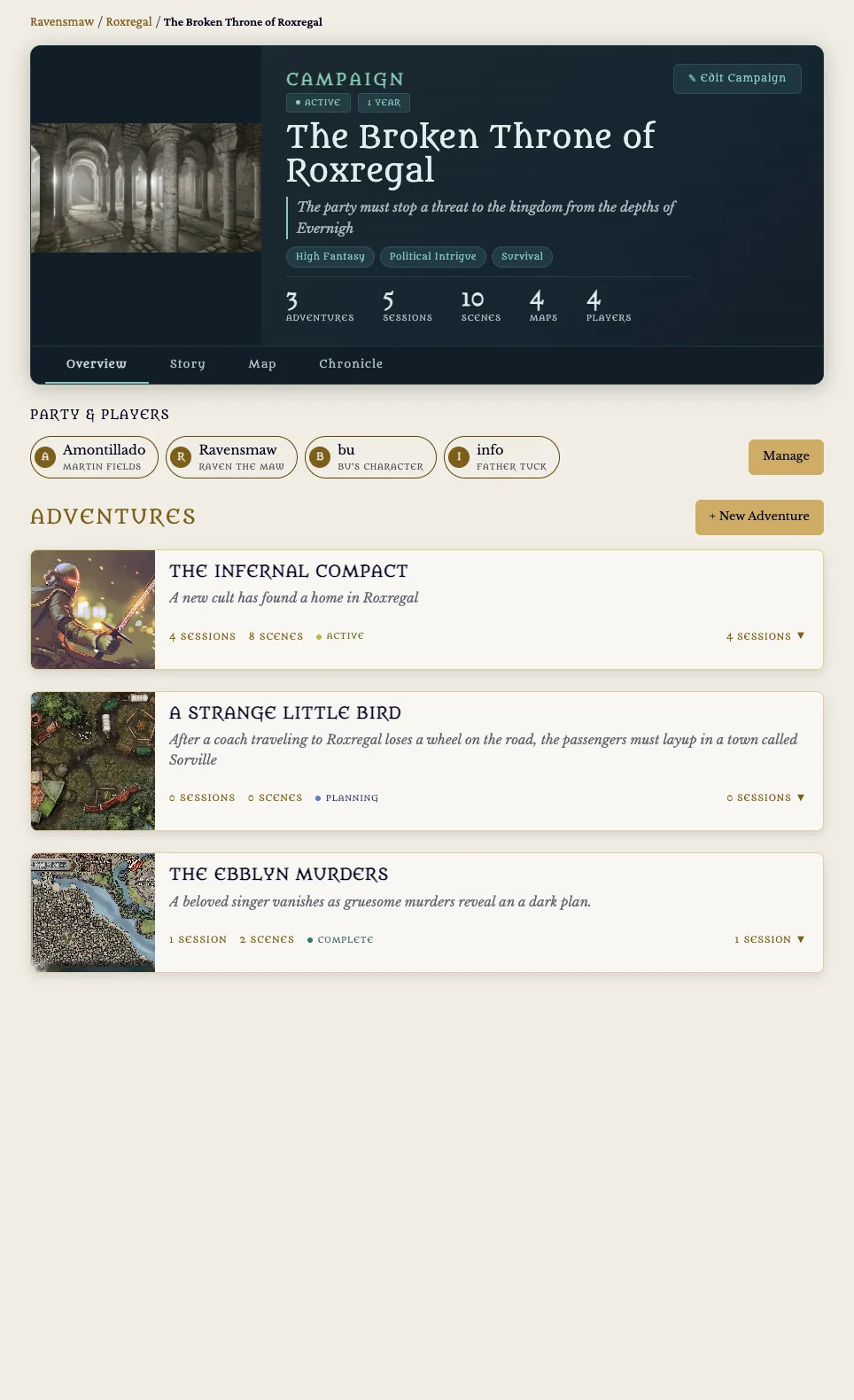 A campaign overview screen listing the party members, their players, and the adventures in the campaign arc.
