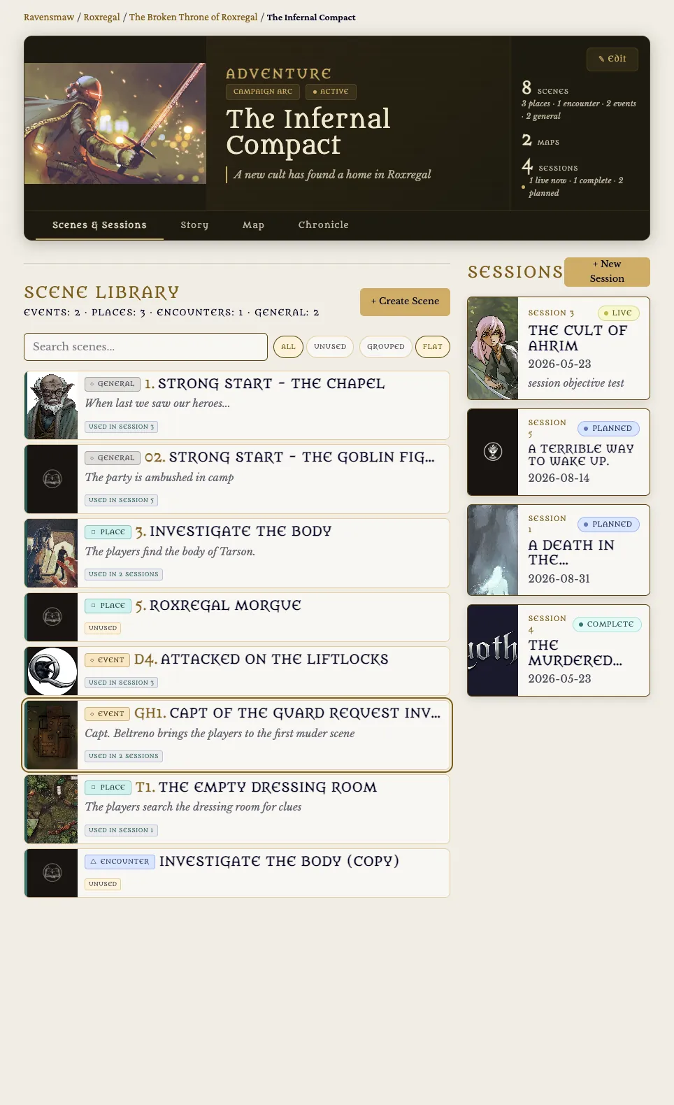 An adventure screen with a searchable scene library on one side and the list of sessions that use those scenes on the other.