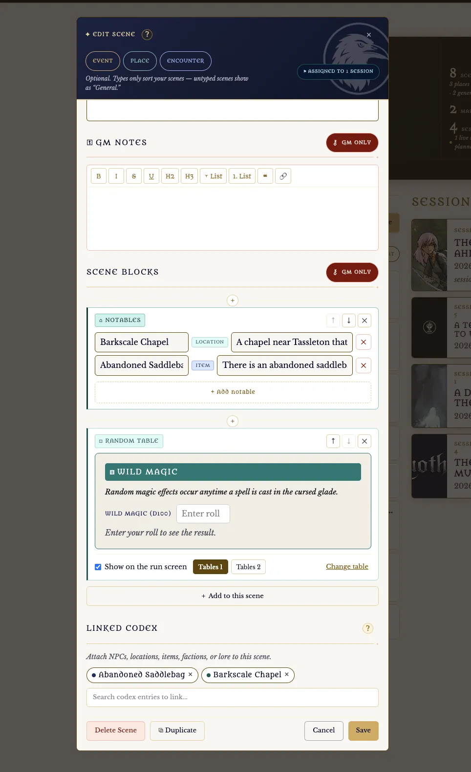 A scene editor showing the scene text alongside its notables, random tables and linked codex entries.