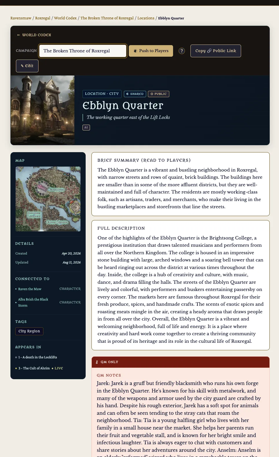 A World Codex location entry with a district map, type and sharing badges, connected entries, the sessions it has appeared in, and a Push to Players button.