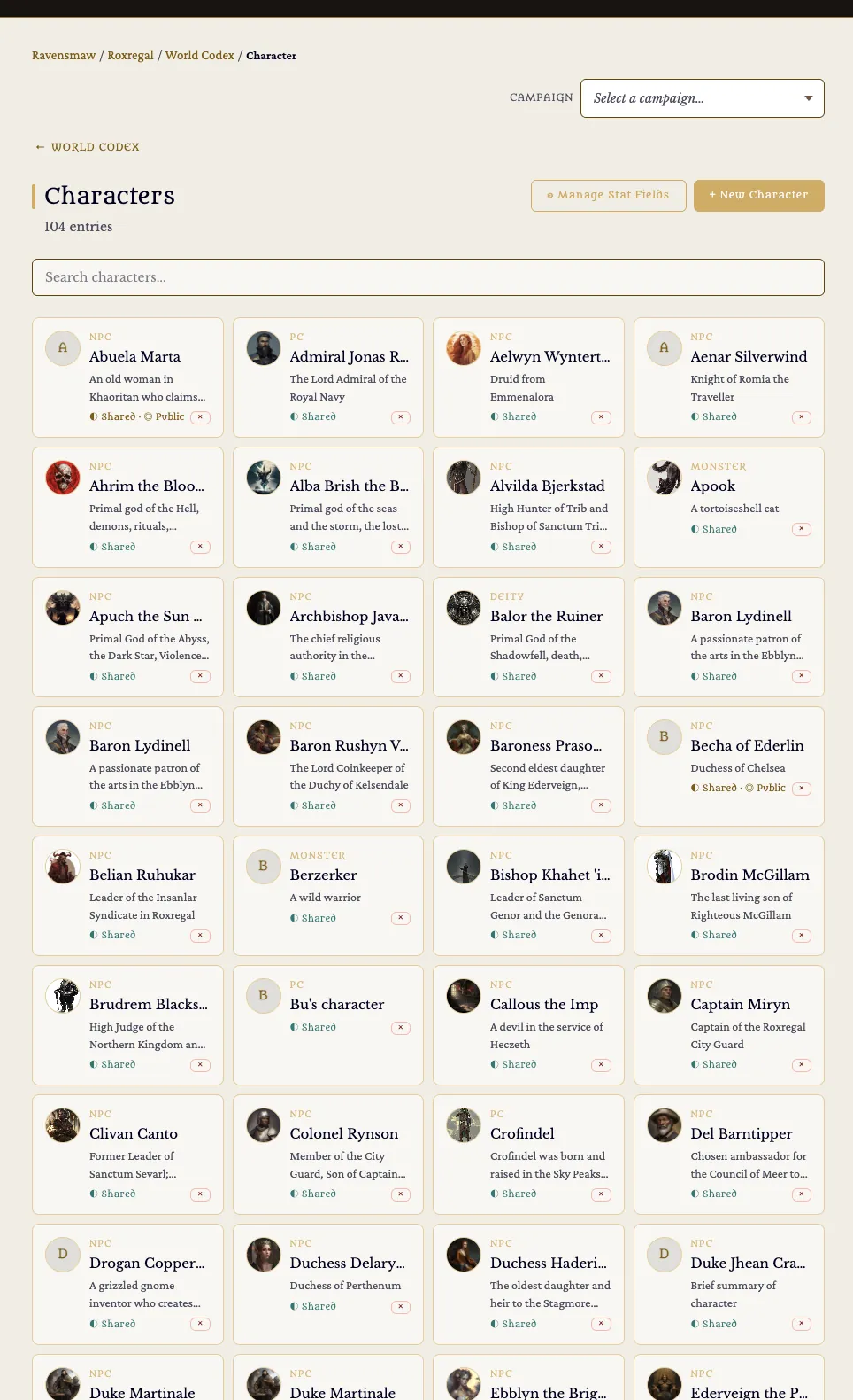 The Characters index of the World Codex, showing a searchable grid of over a hundred character entries with portraits.