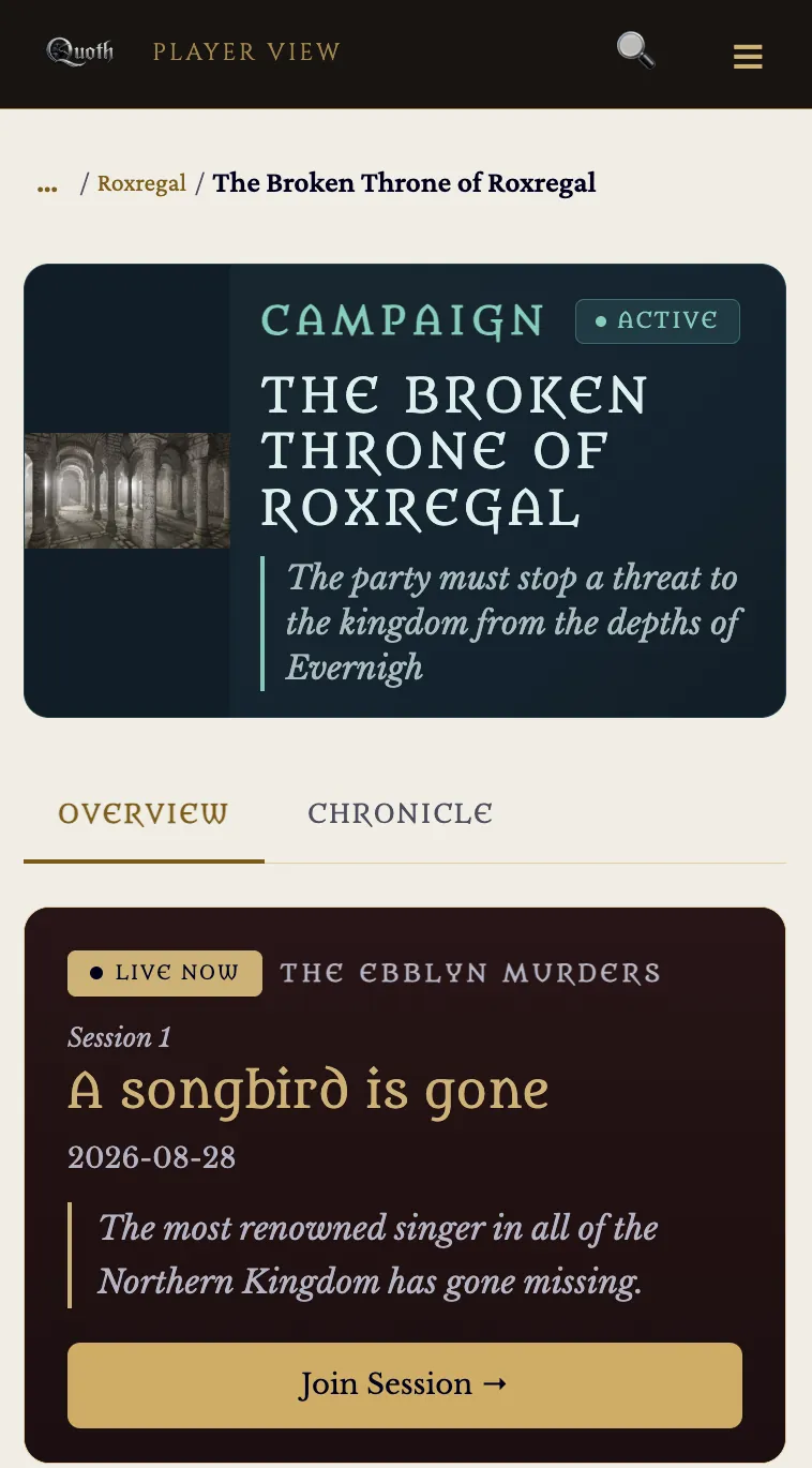 A phone showing the player campaign screen with the live session at the top and upcoming sessions below it.