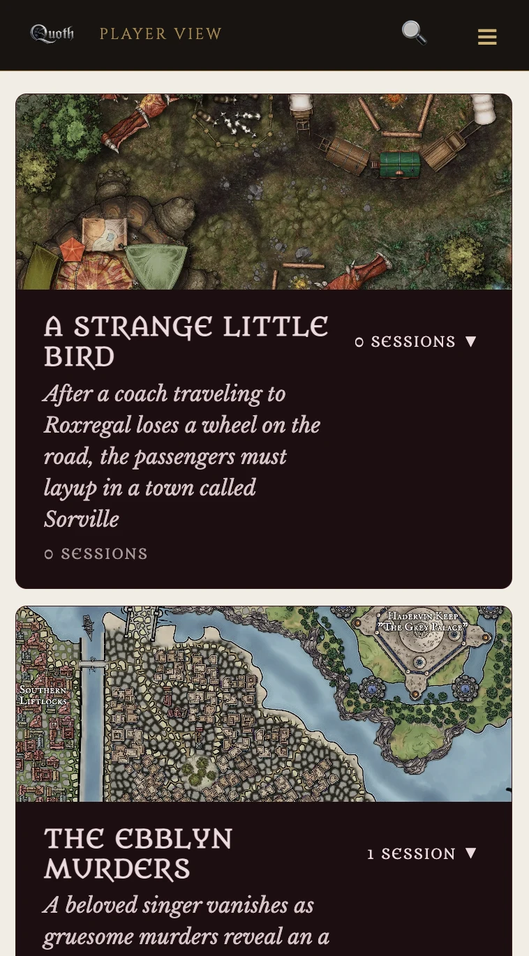 A phone showing the list of adventures a player has played, each with its cover map and a count of sessions.