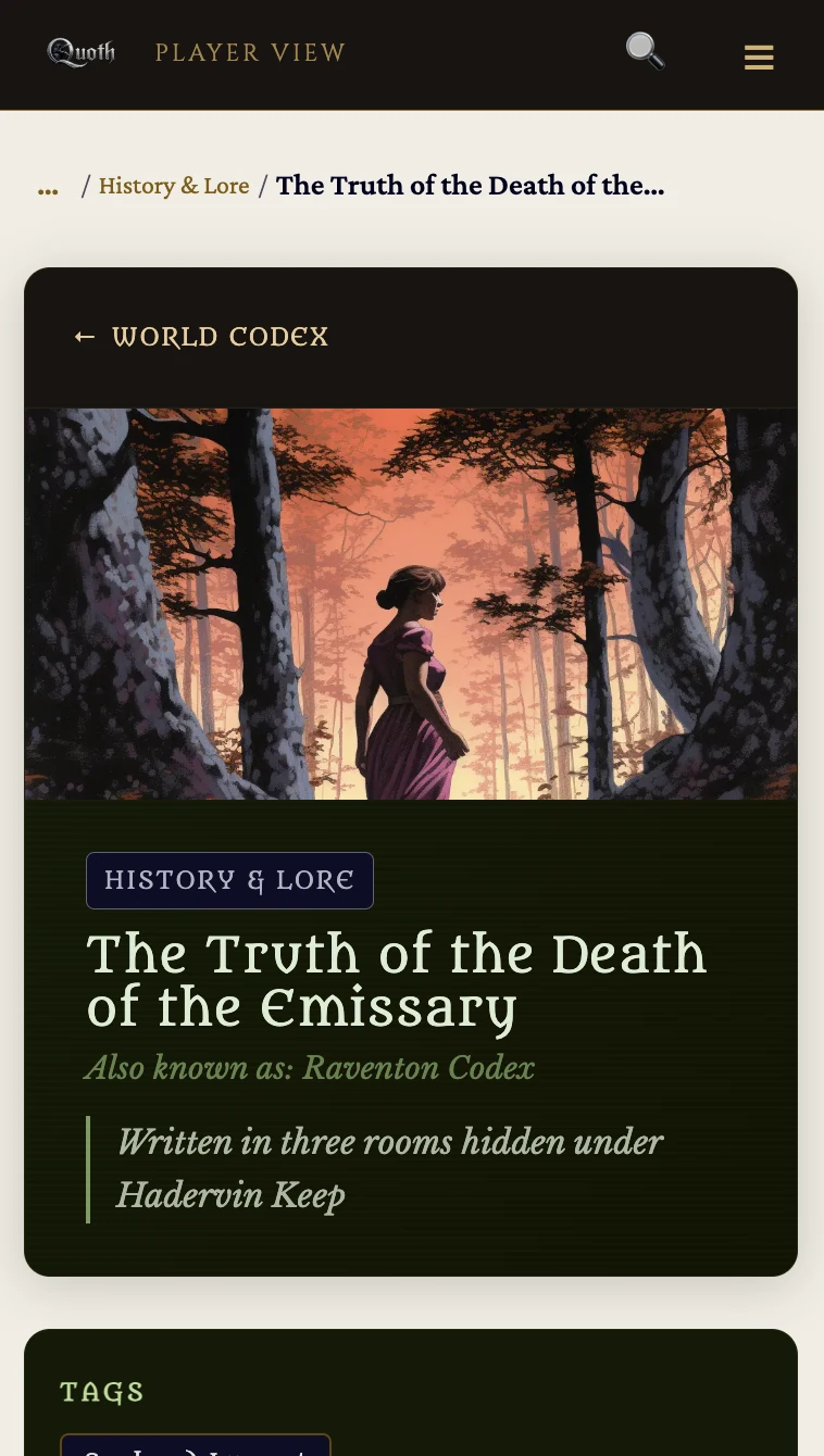 A phone showing a codex entry a player has been given, with its artwork, description and tags.