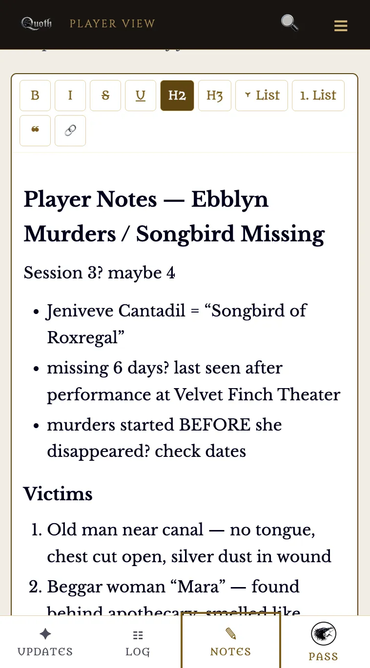 A phone showing a player's private notes tab with their own typed notes for the session.