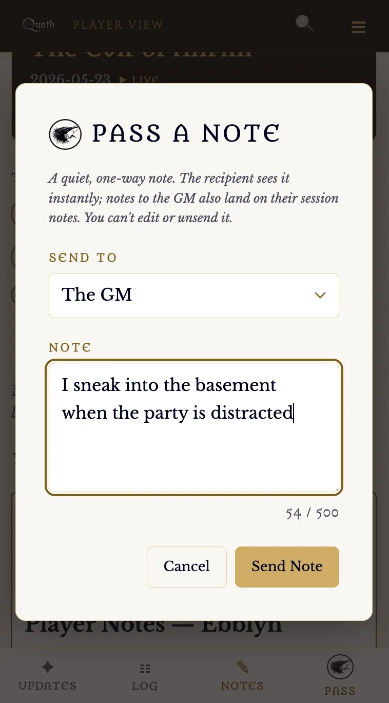 A phone showing the pass-a-note screen, composing a private note addressed to the GM.